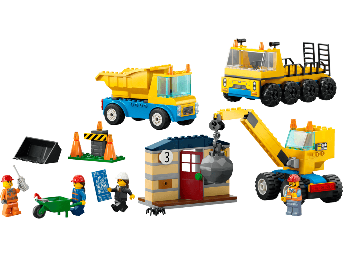 Construction Trucks and Wrecking Ball Crane